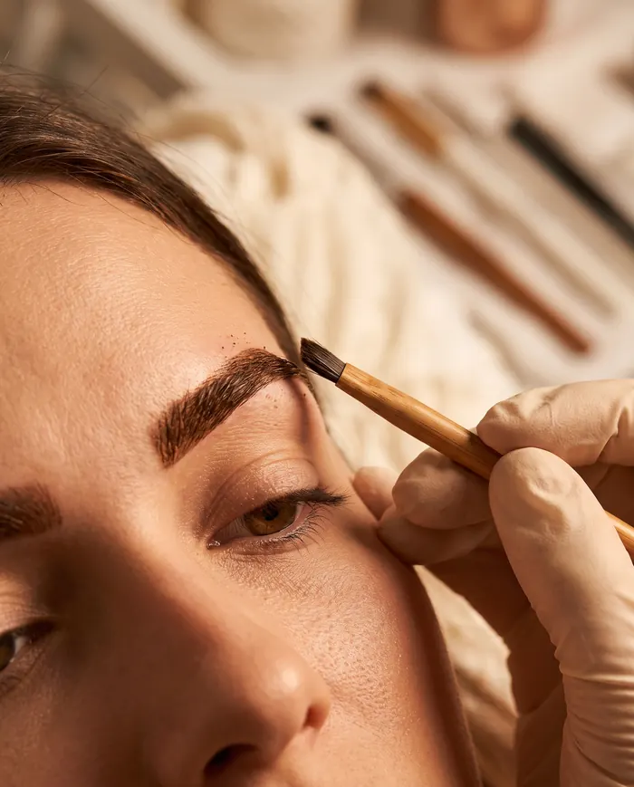 Freshly applied henna tint on a shaped eyebrow
