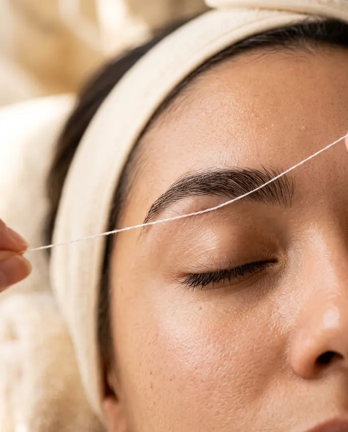 Close-up of an eyebrow being shaped with a fine cotton thread